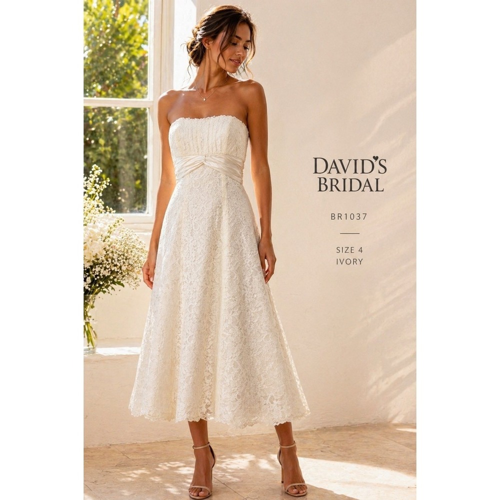 NWT David's Bridal Ivory Lace Strapless Midi Dress Wedding Size 2